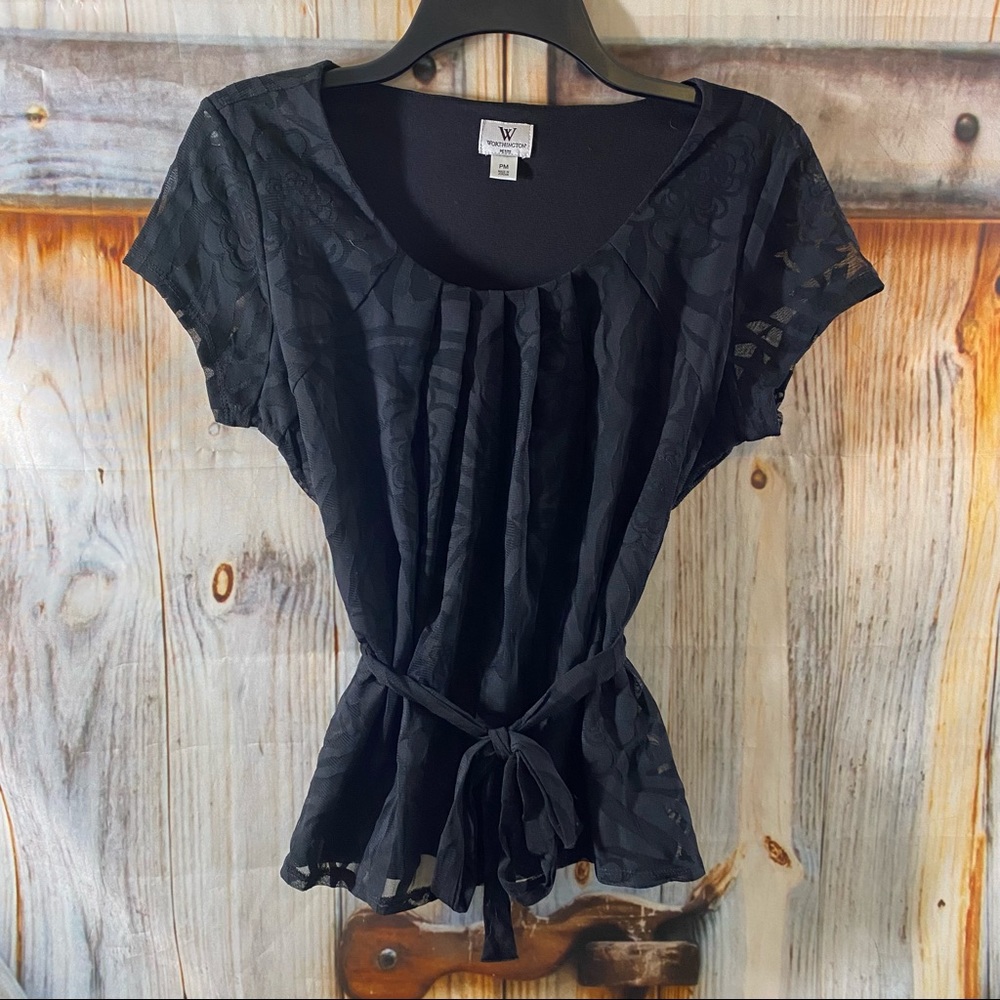 NWOT Worthington Self Tie Belted Short Sleeve Blouse Lined Black Medium